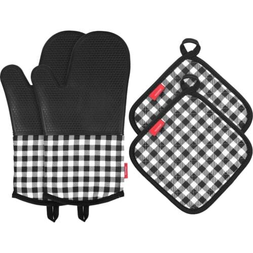 Heat Resistant Silicone Oven-gloves Oven Mitts + 2 Cotton Pot Holders for Kitchen Cooking Baking Grilling Barbecue