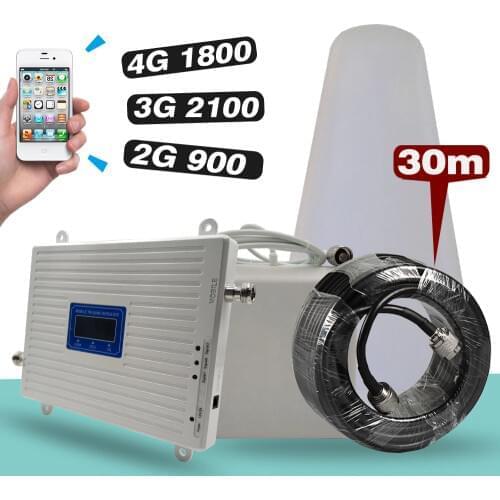 Tri-Band Booster 2G GSM 900MHz+4G DCS/LTE 1800(B3)+3G UMTS/WCDMA 2100(B1) Mobile Signal Repeater Cellular Amplifier Antenna set