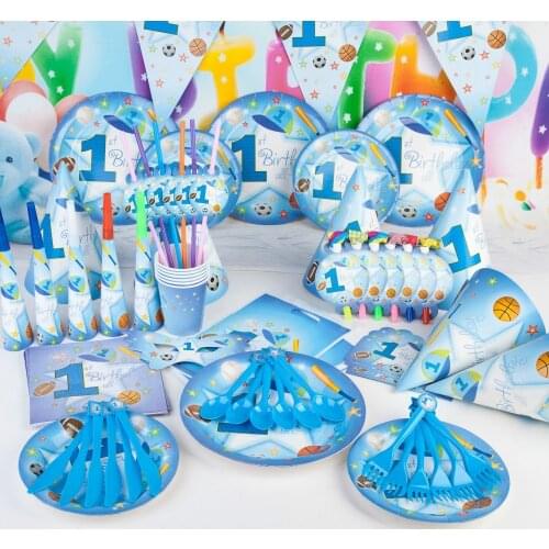 Party supplies 99 PCS for 6 person sports baby boy 1st birthday blue theme party decoration one-time tableware basic set