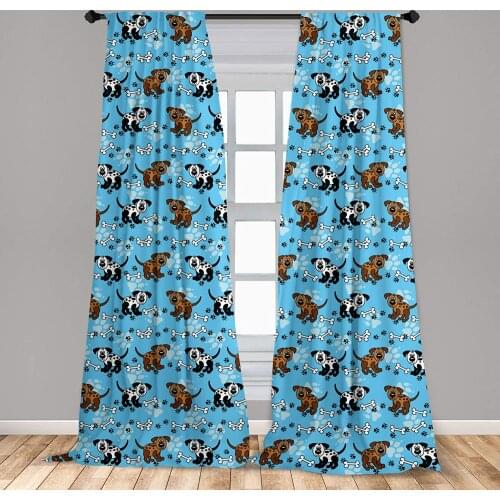 Dog Curtains Cartoon Style with Funny Puppies Paw Prints Bones Childrens Theme Window Curtains for Living Room Bedroom