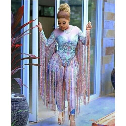 Multi-colored Tassel Rhinestones Bodysuit Glisten Crystals Jumpsuit Sexy Long Women Nightclub Outfit Singer Stage Dance Costumes