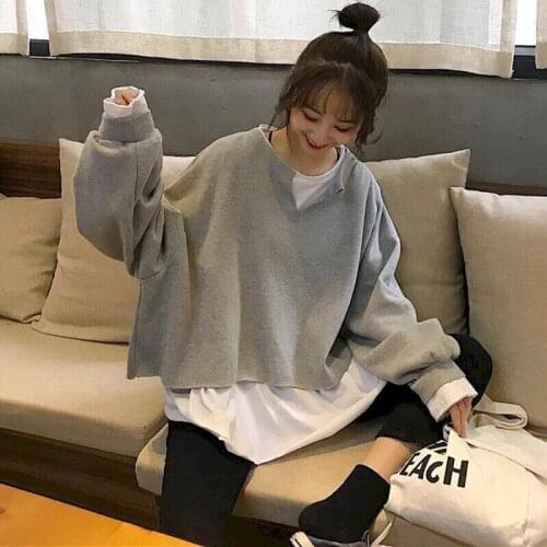 2021 Spring Autumn Womens Pullover New Korean Version Loose Fake Two-piece Long-sleeved Jacket Female Student Thin Fashion Tops