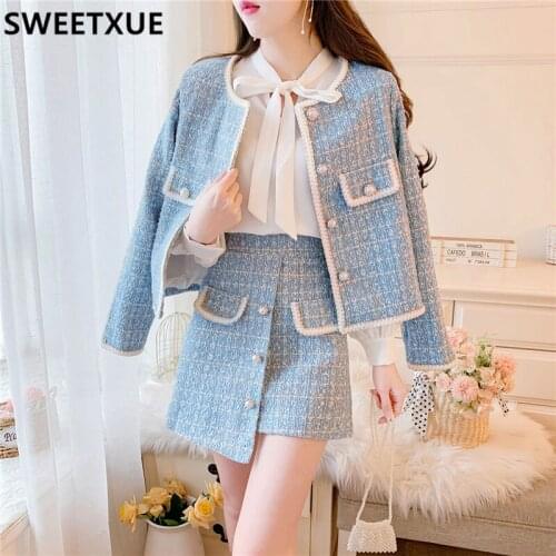 SWEETXUE Autumn Winter Retro Tweed Suit Cardigan Jacket + Irregular Short Skirt + White Shirt Set Womens Fashion Two-Piece Set