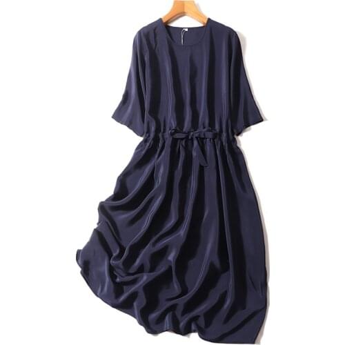 Women Summer Silk Dress Navy Blue/Red Natural silk dresses Elegant Dress Casual holiday real silk above Knee length dress