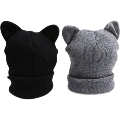2020 Fashion Cat Ears Knitted Hat Lovely Funny Winter Warm Beanie Hat For Women Wool Cap Hat Gray Black Hat Girl Outwear