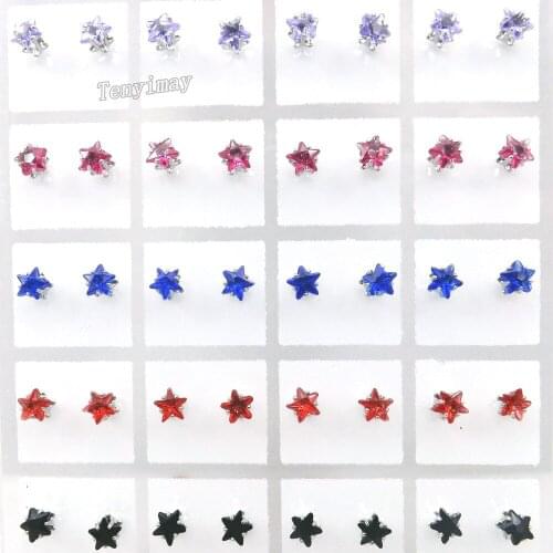 5mm Shinning Star Shape Zircon Earring Studs For Girls Crystal Jewelry 9 Colors 36 Pairs Wholesale