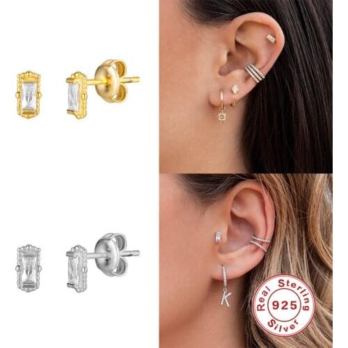 Aide 100% 925 Sterling Silver Small Rectangle Zircon CZ Stud Earrings For Women Girls Gift Piercing Ohrringe Rock Punk Jewelry