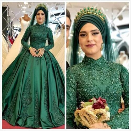 Arabic Muslim Hunter Green Lace Beaded Wedding Dresses High Neck Bridal Gowns Long Sleeves Gorgeous Marriage Dress robe de marie