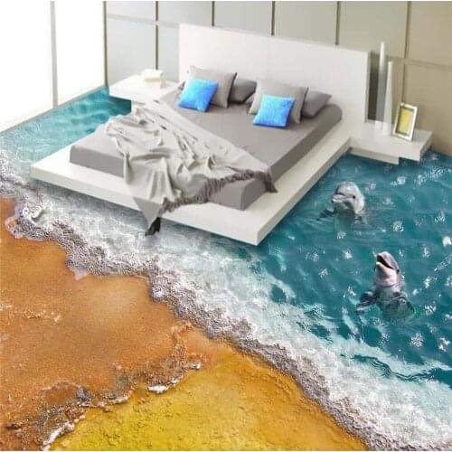 Beibehang 3D PVC Flooring Custom 3D Bathroom Floor Wallpaper Dolphin Beach Waterproof 3D Floor Mural Wallpapers Wall 3d