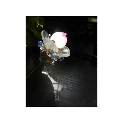 White Crystal Flat Peach or Purple Lotus Speedpod Sea Goddess Classical Hair Stick Vintage Jewelry Hanfu Costume Hair Accessory