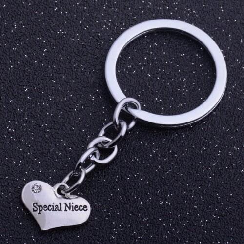 Bespmosp 12PC/Lot Engraved"Special Niece"Clear Crystal Heart Pendant Keychain Keyring Keyfob Family Charm Chain Jewelry Gifts