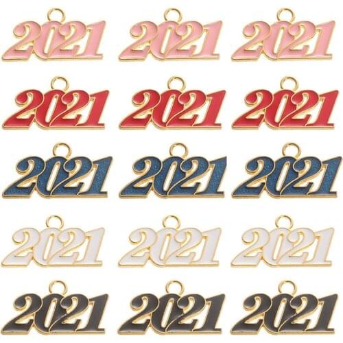 Julie Wang 5PCS Enamel Year Number 2021 Charms Mixed Colors Alloy Pendants Jewelry Making Necklace Earrings Accessory
