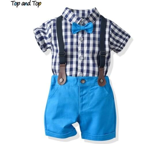 Top and Top Baby Boys Clothes Set Summer Toddler Plaid Short Sleeve Shirt Tops+Suspenders Shorts Gentleman Suit for Wedding