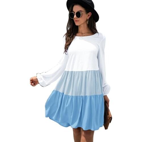 Fashion Casual Loose A Line Dress For Women Autumn Winter O Neck Long Sleeve Patchwork Color Contrast Ladies Ruffle Midi Dresses