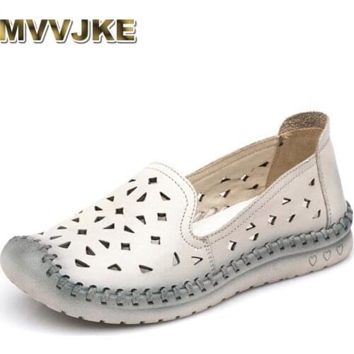 MVVJKE handmade Genuine Leather summer shoes women flats soft TPR sole Breathable Hollow out elegant loafers shoes women 2