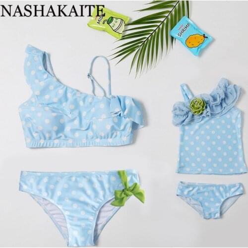 NASHAKAITE Matching Swimsuit Mother Daughter Blue Dots Shoulder Flower Bathing Suit Mommy and me swimsuit Family Swimsuits
