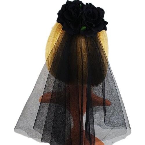 2021 new red and black rose flower mesh hairpin halloween witch dress up headdress fool holiday party side clip styling tool