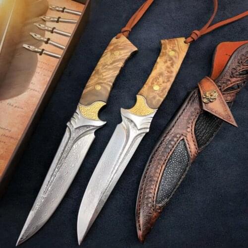Knives 60-61HRC Damascus Steel hunting knife Strong outdoor straight knife High hardness camping manual knife