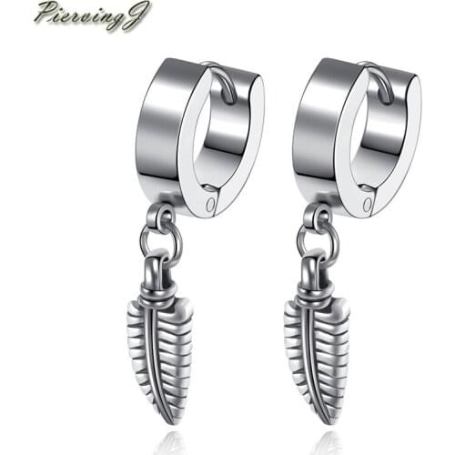 PiercingJ Newest 2pcs Stainless Steel Plain Tribal Dangle Feather Claw Huggie Hinged Hoop Earrings Jewelry Black / Silver Color