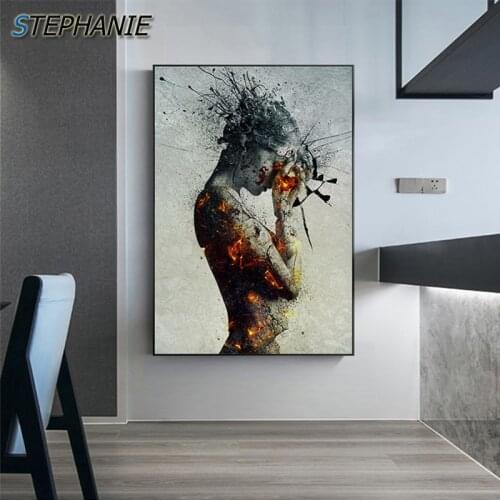 Nordic Poster Print Big Wall Art Abstract Explosion Fire Girl Canvas Painting for Living Room Cool Gothic Tableaux Cuadros Salon