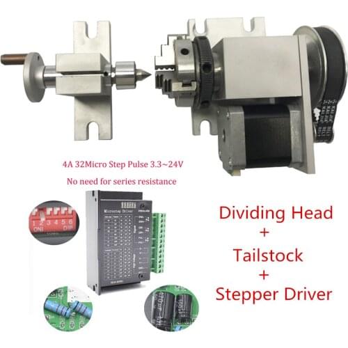 CNC Rotary Axis 4th Axis K02 4Jaw 50mm Lathe Chuck Nema17 Stepper Motor Dividing Head+ Tailstock+ Driver for Woodworking Router