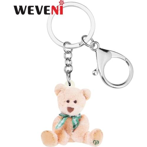 WEVENI Acrylic Cute Plush Teddy Bear Keychains Print Long Animal Keyring Jewelry For Women Kids Teens Classic Gift Purse Charms