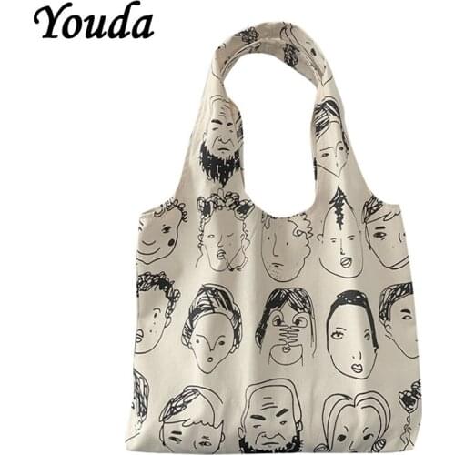 Youda Women Shoulder Tote Bag Canvas Vest Cartoon Print Handbags Large Capacity Soft Shopping Bags Girls Personality Schoolbag