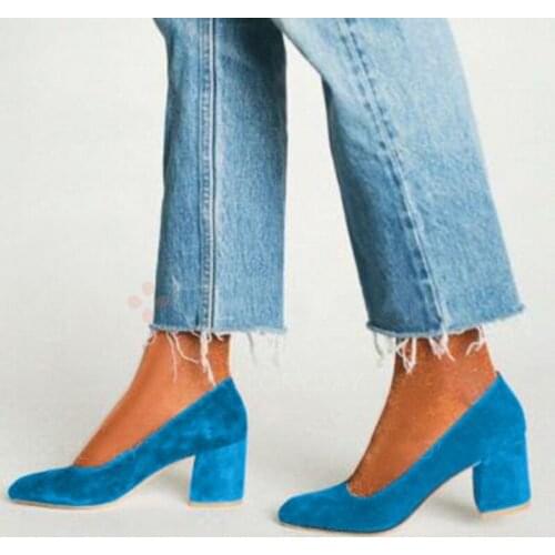 New Women Pumps Blue High Heels Spring Autumn 2021 Fashion Lady Suede Leather Thick Heeled Autumn Round Shoes Female Big Size