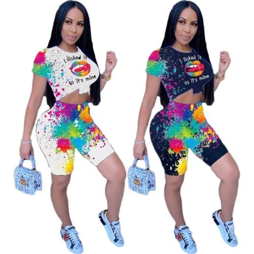 Tracksuit Womens 2021 Spring Summer Inkjet Lip Printing Fashion Bicyle Two-piece Suit T Skirt Top And Short Pants Matching Set