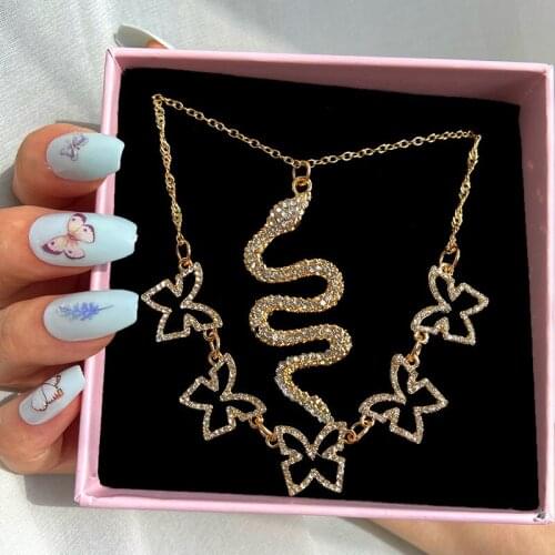 Flatfoosie New Multilayer Crystal Butterfly Letter Pendant Necklace Women Gold Color Snake Animal Long Chain Necklace Jewelry