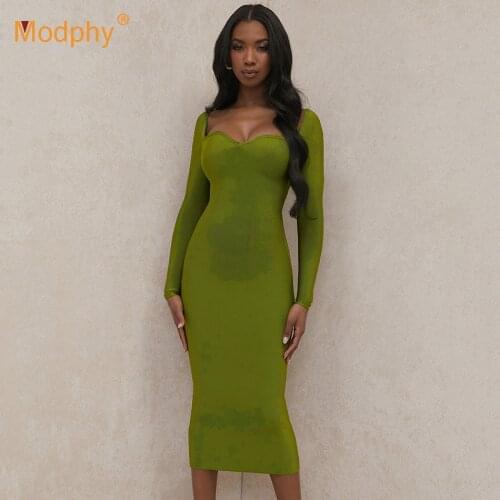 Free Shipping Green Rayon Bandage Dress Sexy Long Sleeve Bodycon Midi Dresses Club Evening Party Runway Vestidos 2021 Fall New