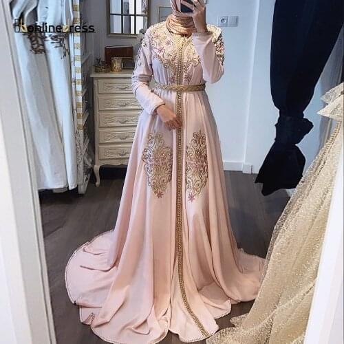 Bbonlinedress Pink Moroccan Kaftan Evening Dress Sleeves High Collar Embroidery Long Arabic Muslim Formal Gown robe de soiree