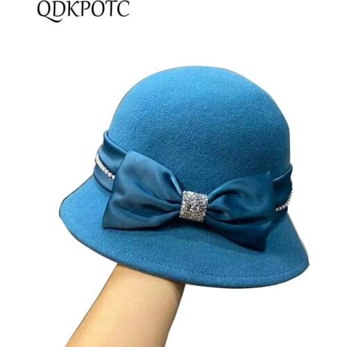 2021 Hat New Autumn Winter Women High Quality Wool Fedoras Fashion Japanese Celebrities Elegant Rhinestone Bow-Knot Cap QDKPOTC