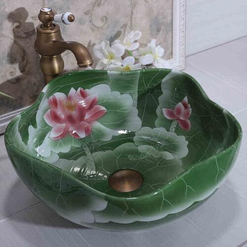 Lotus pattern Antique Handmade Europe Vintage Style Lavobo Ceramic Bathroom Countertop Bathroom Sink lavatory sink