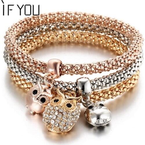 IF YOU 3 Pcs/Set Rose Gold Color Crystal Bracelet For Women Charm Heart Owl Crown Bracelets Bangles Jewelry Elastic pulseira New