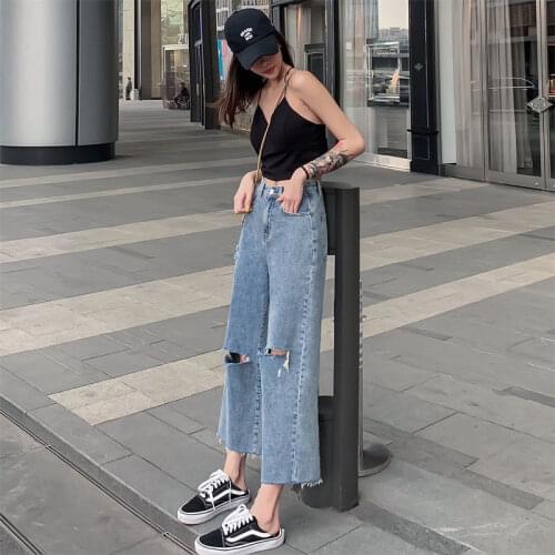 Wide-Leg Womens Ankle-Length Trouser High Waist Jeans Women Summer Fall Popular Bf Style Harajuku Hole Teens Streetwear Basic