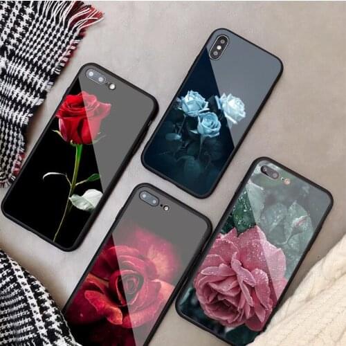 Flower Rose Tempered Glass Phone Case For iphone 12 11 Pro Max 5 6 7 8 PLUS X XS XR XSMax Shell