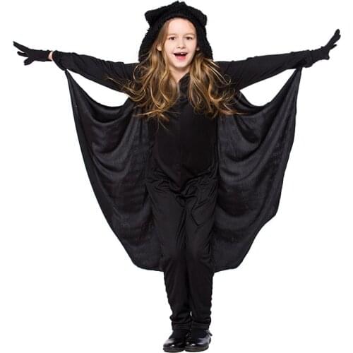 2021 Child Bat Cospaly Vampire Costume Black Witch Hood Jumpsuit With Wing Cloak Kids Halloween Carnival Party Costumes