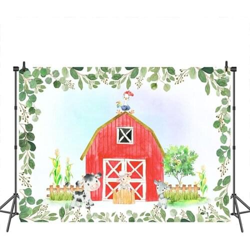 Farm Photography Backdrop Birthday Party Baby Shower Backdrop Photo booth Studio Green Leaf Red Cowshed Banner Decorations