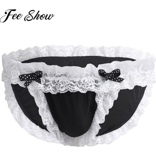 Gay Men Lingerie Underwear Sissy Panties Maid Floral Lace Soft Bikini Briefs Gay Underwear Sexy Low-rise Smooth Briefs Underwear