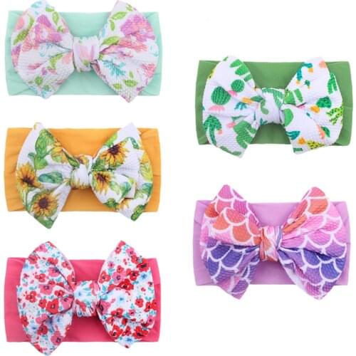 Newborn Infant Baby Girls Headwear Bowknot Headband Flower Printing Hairband Stretch Headwrap Toddler Baby Girl Hair Accessories
