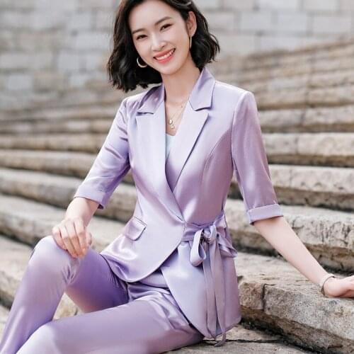 IZICFLY Summer New Style Purple Short Sleeve Slim Elegant Bow 2 Piece Set Women Work Wear Blazer And Pants Office Business Suit