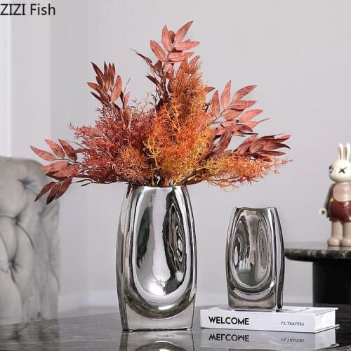European Electroplating Silver Ceramic Vase Flower Arrangement Dried Flower Wine Cabinet Decoration Hydroponic Vase Home Decor