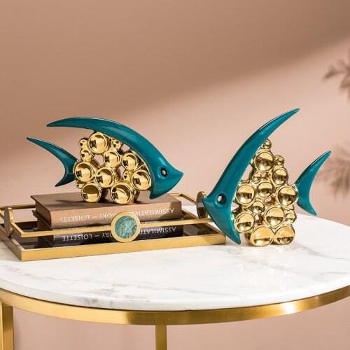 Modern Ins Golden Green Bubble Fish Ceramic Ornaments Home Livingroom Desktop Furnishing Crafts Club Table Figurines Decoration