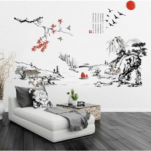 Chinese Style Ink Painting Landscape Wall Art Sticker Living Room Background PVC