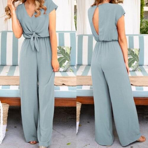 Women Ladies Clubwear Summer Short Sleeve Playsuit Long Pants Bodycon Solid Backless V Neck Party Jumpsuit Romper Trousers 2020
