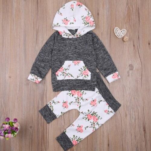 Toddler Baby Flower Printing Two-pieces Set Spring Autumn 2021, Infant Girls Long Sleeve Hoodie Tops + Elastic Pants Set