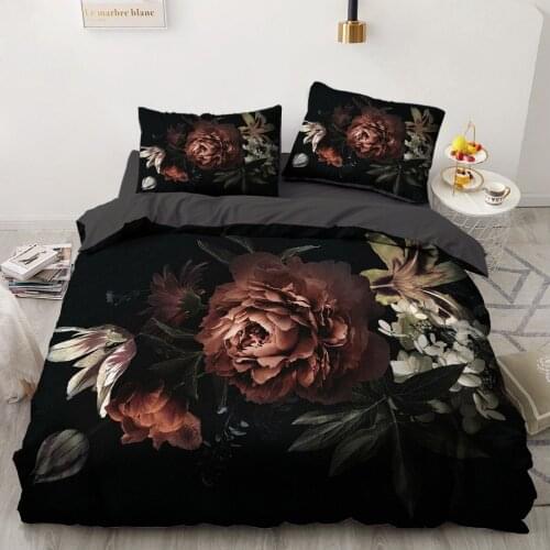 Flower Design Printed 3D Bedding Sets Black Duvet Quilt Cover Set Comforter Bed Linen Pillowcase King Queen Single 173x218cm