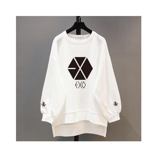 Kpop EXO Spring new 2021 Korea round neck loose long section hoodies women small bee embroidery loose sweatshirts kawaii clothes