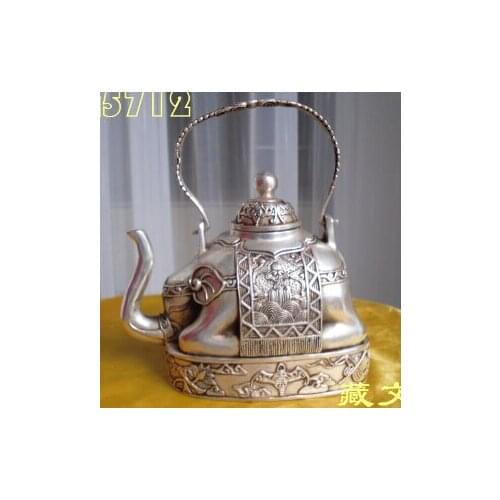 Healing buddhist bronze coated silver elephant shape figure teapot 13 cm tallGarden 100% real Tibetan Silver Brassroom